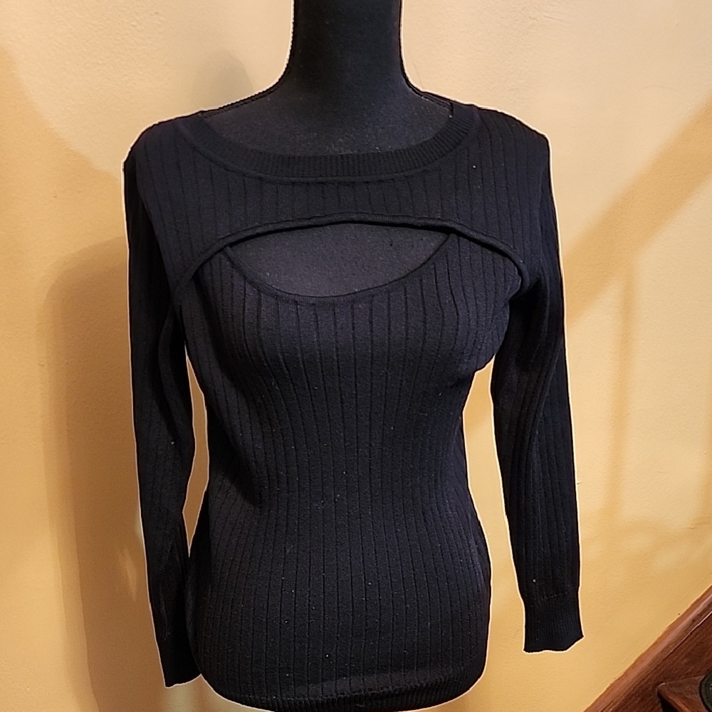 Ashley Stewart Black Ribbed Cutout Sweater Plus Size 14/16